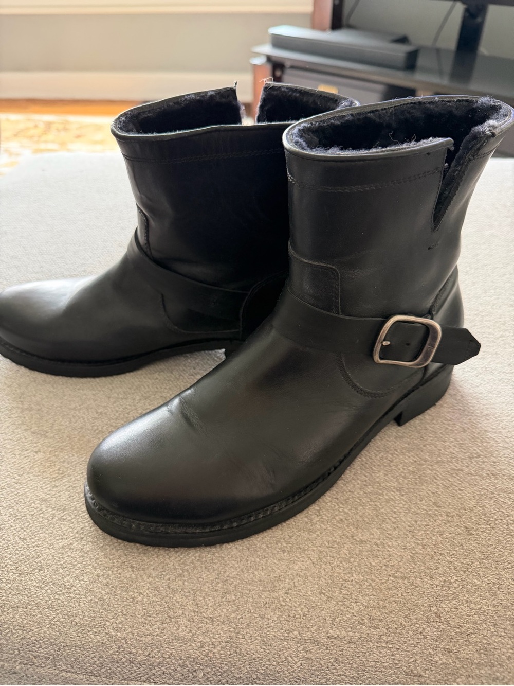 Frye Veronica Black Leather Buckle Ankle Boots - Shearling Lined